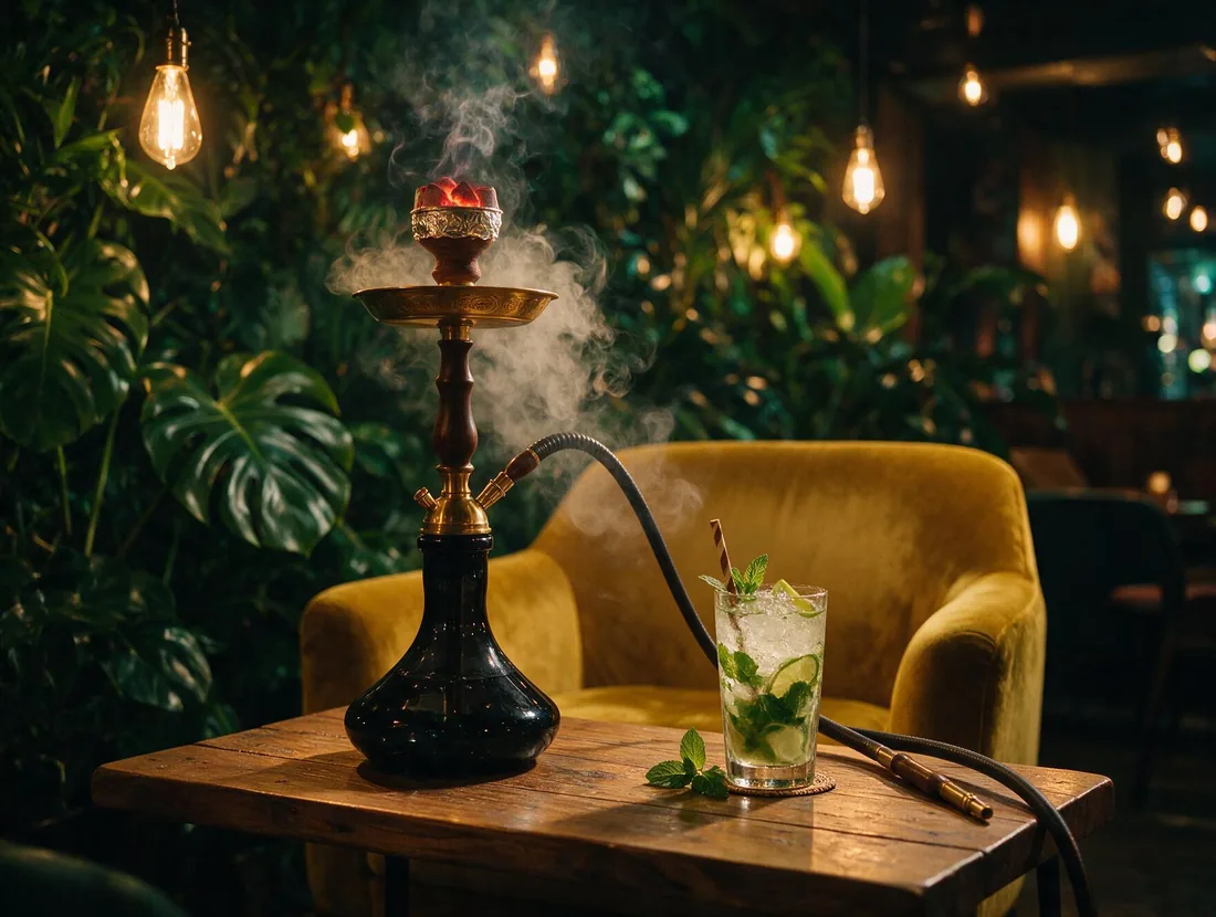 Cachimba humeando junto a un mojito sobre una mesa de madera y un sillón de terciopelo mostaza