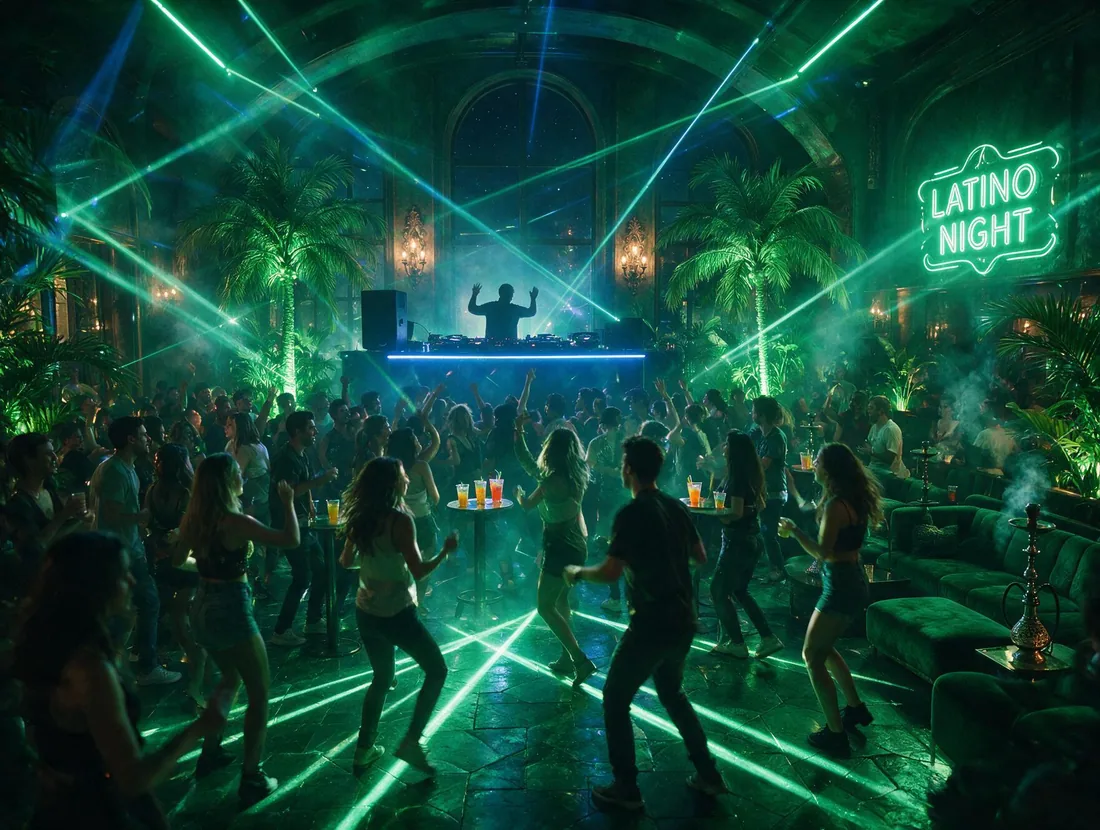 Noche latina con DJ, luces de neón verde y gente bailando en Cabana 33